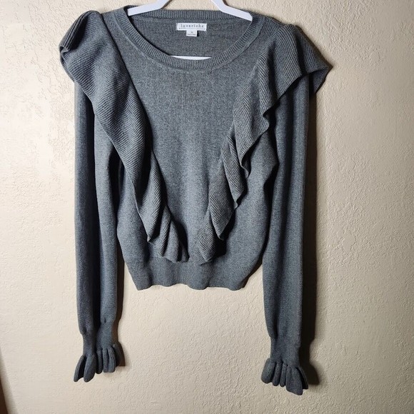 Loveriche Sweater Women's Medium Gray Cotton Knit Round Neck Ruffle Bell Sleeve - Picture 1 of 7